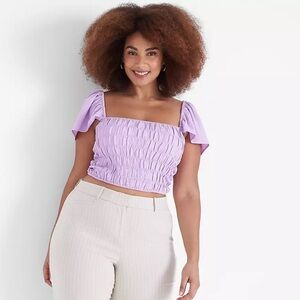 Like New! Lavender Ruffled Fitted Crop Smocked-Bodice Top